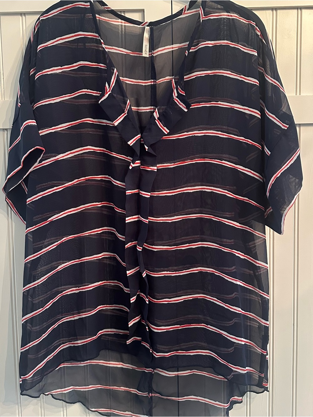Poema Navy Sheer Striped Ruffle Front Blouse